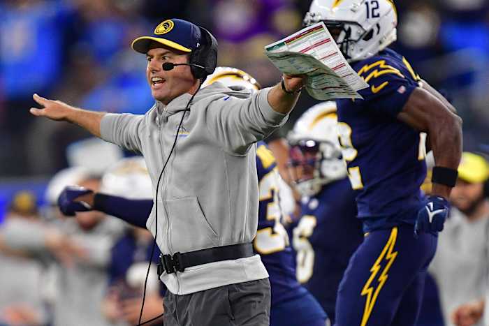 Nov 26, 2023; Inglewood, California, USA; Los Angeles Chargers head coach Brandon Staley reacts after Baltimore Ravens place kicker Justin Tucker (9) misses a field goal kick during the second half at SoFi Stadium.